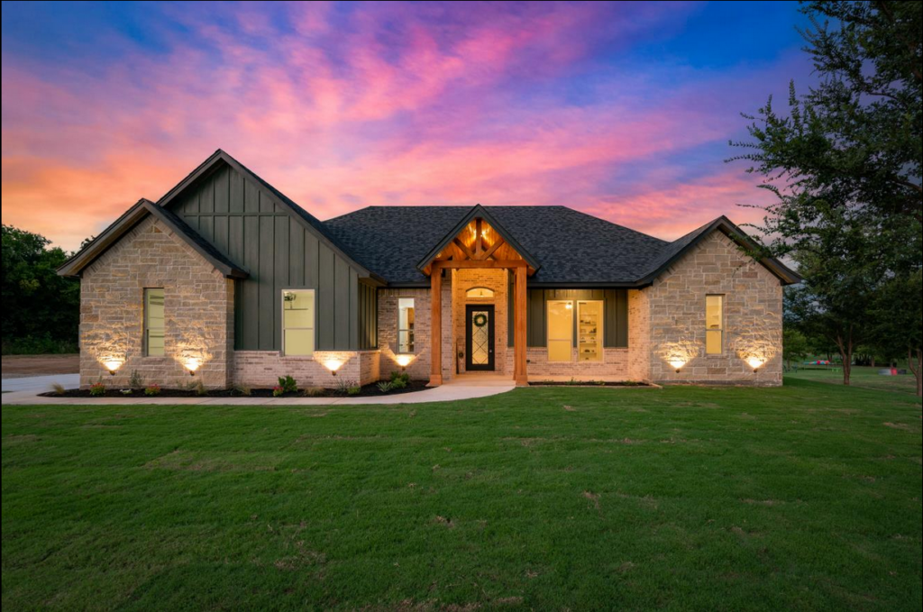 Sunset Front Elevation Close - Bell Residence - Bridgeport Texas - Pecan Creek Construction